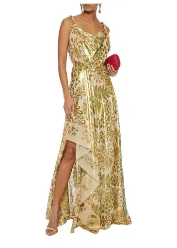 Oscar De La Renta Metallic Lamé Silk-Blend Crepe De Chine Gown Sage Green Size 10