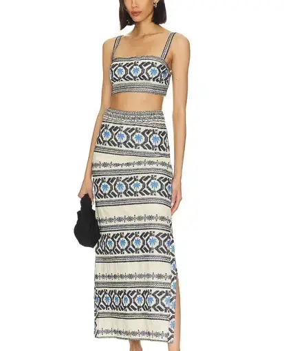 Johanna Ortiz Breeze Crop Top & Namtrik Maxi Skirt Set in Tropic Ecru & Blue Print
Size 8