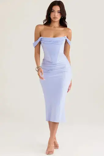 House of CB Natalya Sky Satin Corset Midi Dress Blue Size AU 6