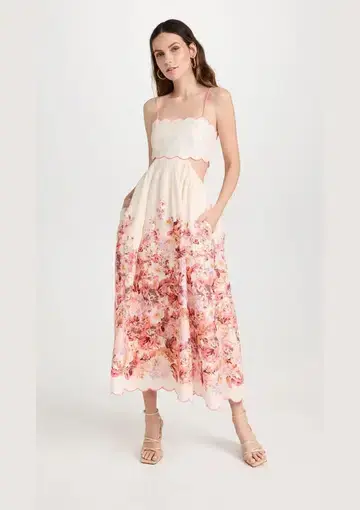Zimmermann Devi Scallop Midi Dress Cream Floral Size 3