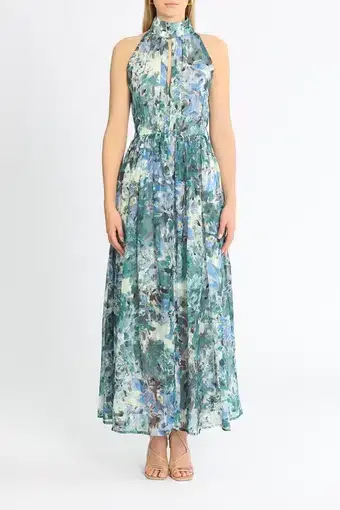 Sofia Irina Midi Halter Dress Blue Print Size AU 14