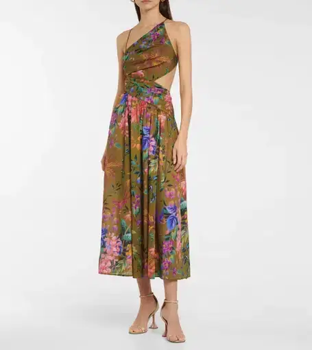 Zimmermann Tropicana Asymmetric Midi Dress Khaki Floral Size 2 / AU 12