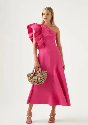 Aje Bonjour Asymmetric Midi Dress Pink Size AU 8