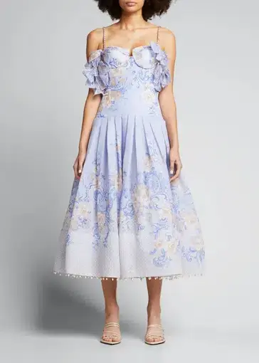 Zimmermann Postcard Bow Bodice Dress in Swirl Floral Blue Size 0/AU 8
