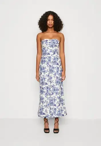 Bec & Bridge Audette Floral White Blue Strapless Linen Maxi Dress Size S/ AU 8