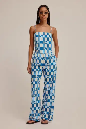 Venroy Printed Poplin Top and Pant Set  in Blue/Off White Geometric Size XS/Au 6