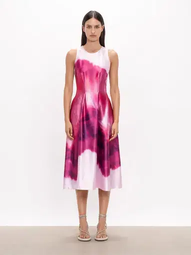 Veronika Maine Marbled Satin Midi Dress Fuchsia Size 6