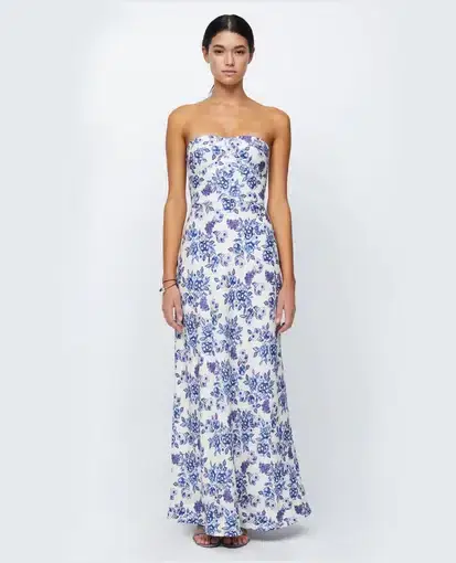 Bec & Bridge Audette Floral White Blue Strapless Linen Maxi Dress Floral Size XS/ AU 6
