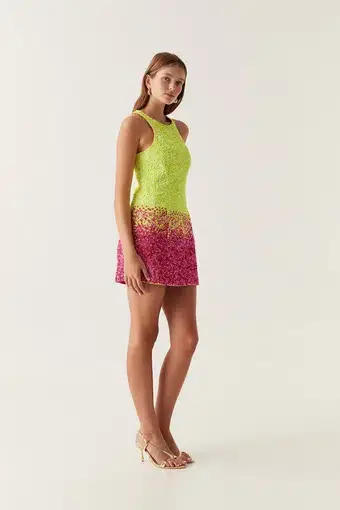 Aje Calypso Ombre Mini Dress in Ombre Light Lime Green Sequin
Size 8.