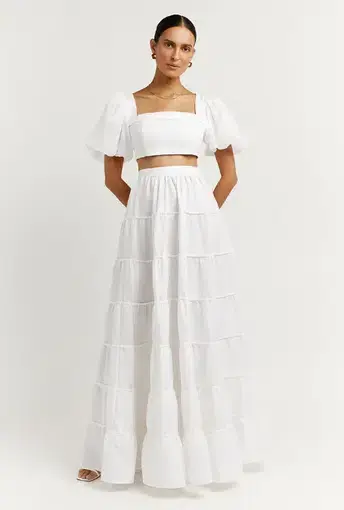 DISSH Aisle Linen Tier Long Skirt and Vienna Linen Curved Crop Top Set White Size 6 AU