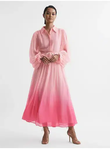Leo Lin Cassie Tie Neck Midi Dress Ombre Pink Size AU 12