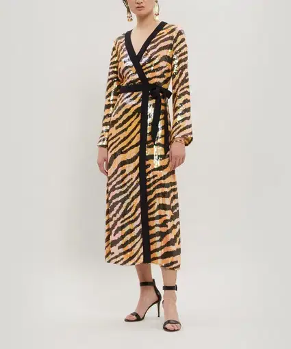 RIXO London 'Gigi' Sequin Midi Dress Tiger Print Sequins Size M/Au 12