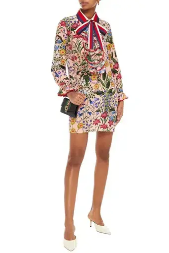 Gucci Ruffled Floral-print Silk Crepe De Chine Mini Dress In Blush Size XS/Au 8