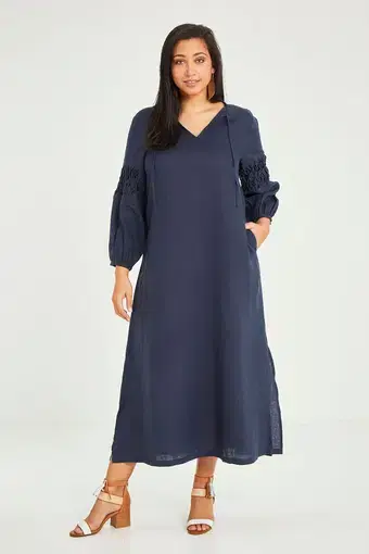 Natural For Birds Linen Honeycomb Sleeve Dress in Navy Size 16