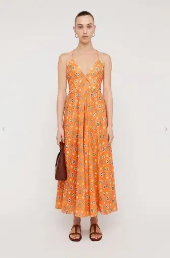Scanlan Theodore Foulard Linen Strappy Dress Tangerine Orange Floral Size S / AU 8