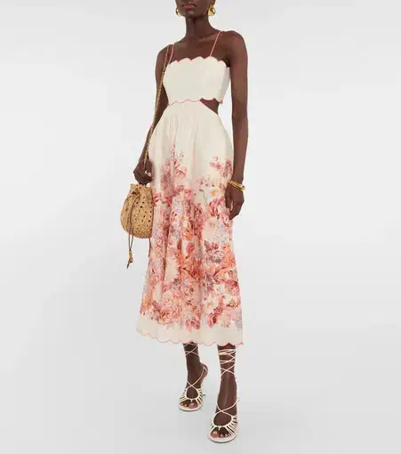 Zimmermann The Devi Scallop Midi Dress in Cream Floral Size 0 /Au 8