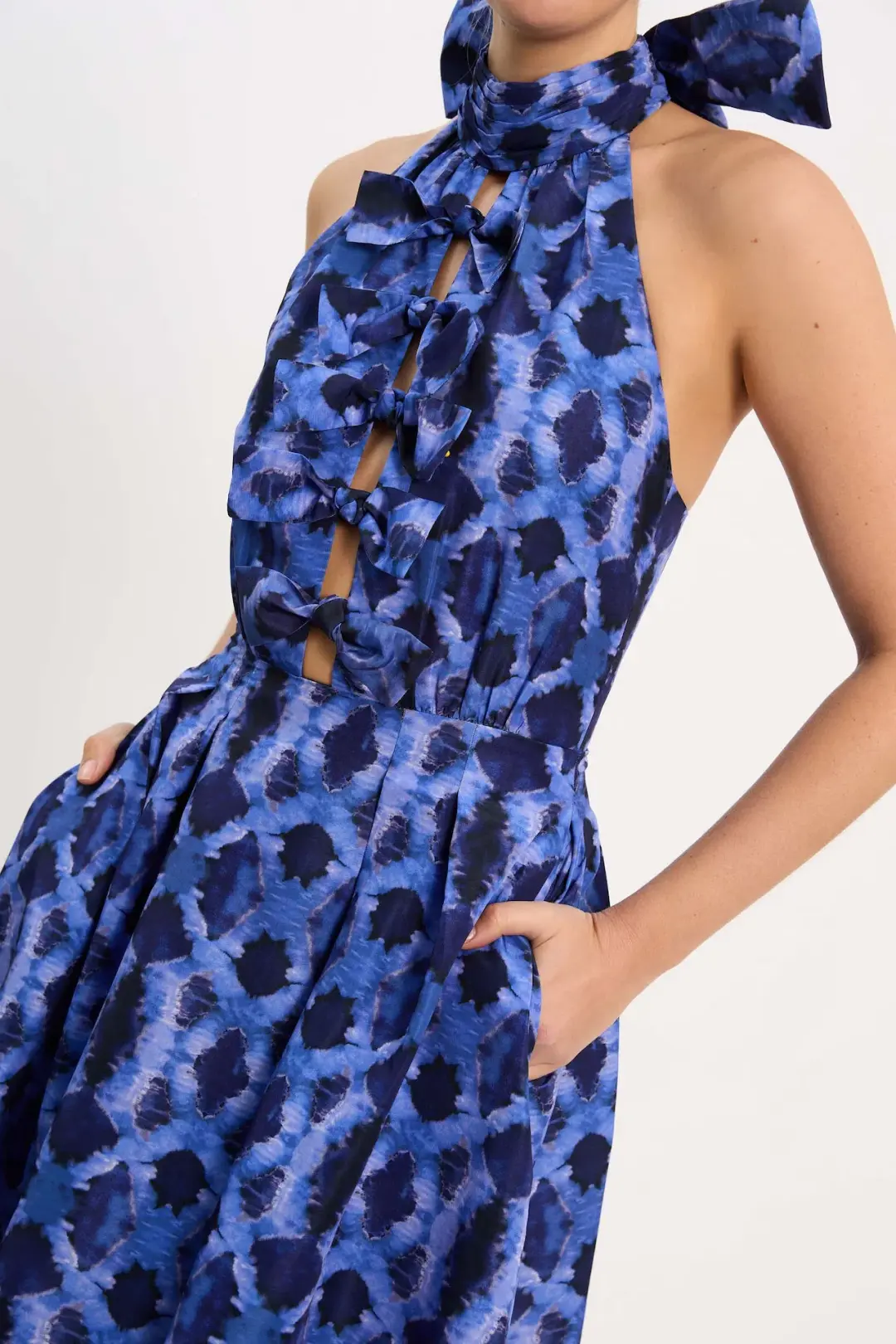 Rebecca Vallance Shiloh Halter Midi Dress Blue Print Size 14 for rent on The Volte - main image
