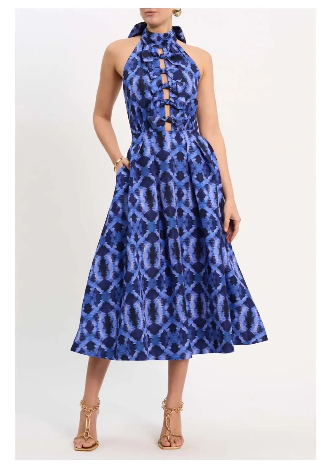Rebecca Vallance Shiloh Halter Midi Dress Blue Print Size 14 for rent on The Volte - main image
