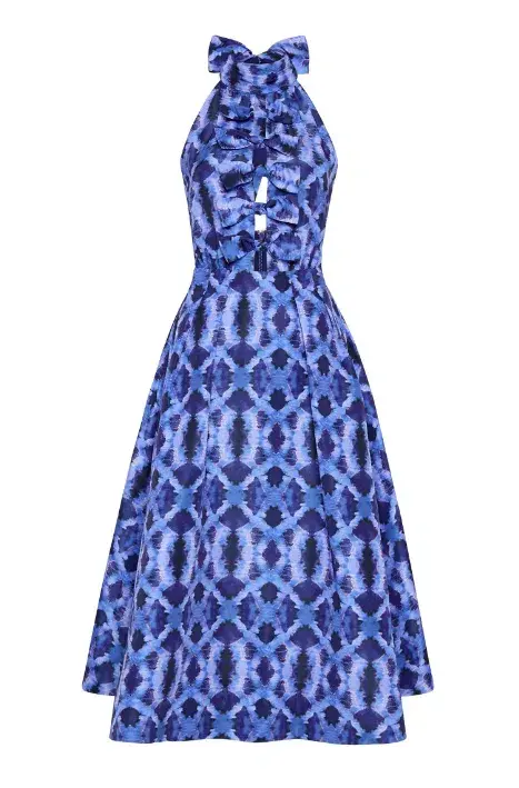 Rebecca Vallance Shiloh Halter Midi Dress Blue Print Size 14 for rent on The Volte - main image