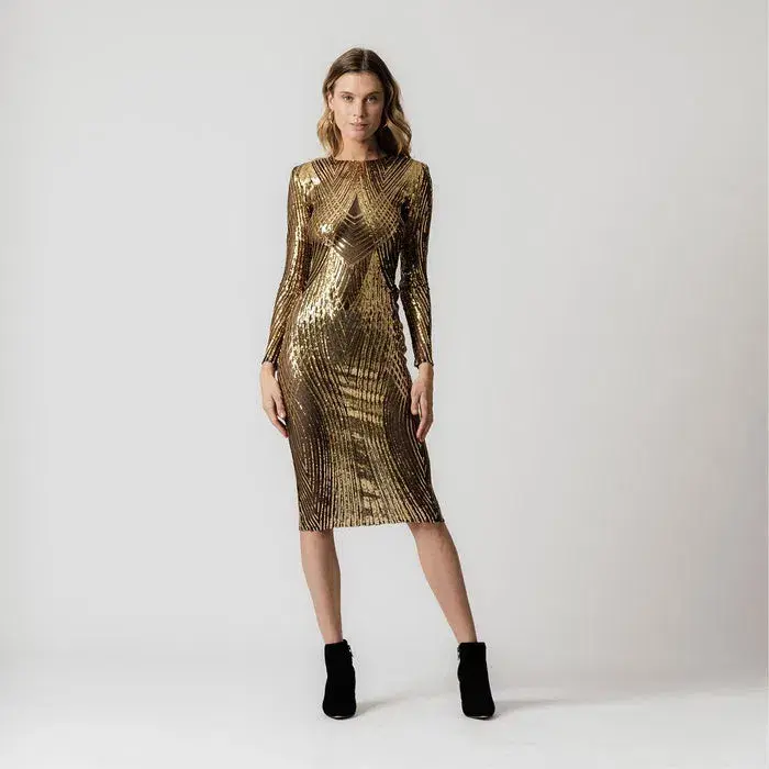 Meraki Official Axel Sequin Midi Dress Gold/Black Size 14 - Image 1