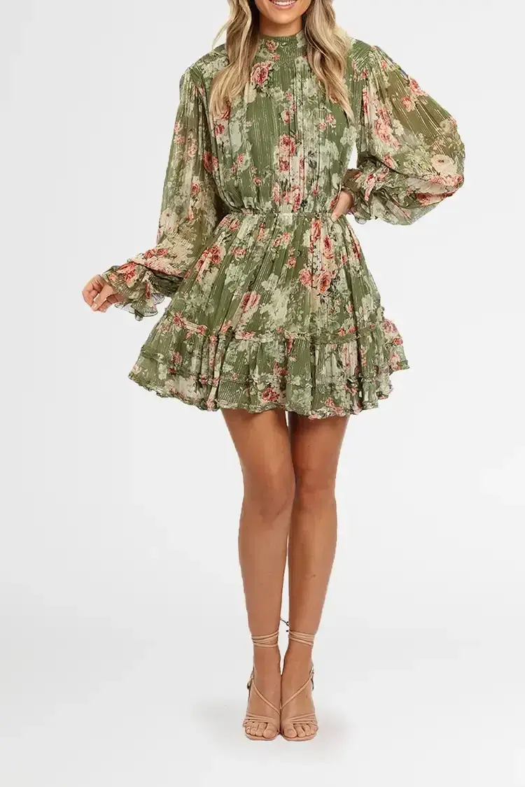 Hemant & Nandita Neem Mini Dress in Green Floral Size 10 for rent on The Volte - main image