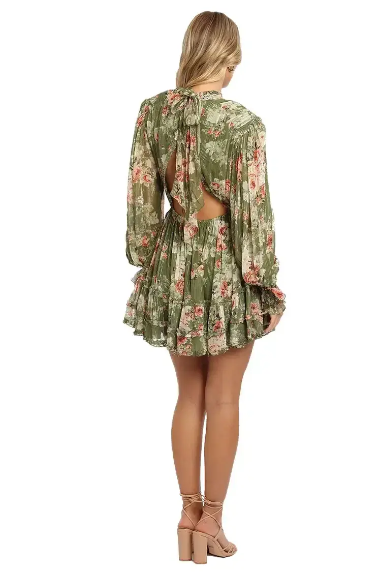 Hemant & Nandita Neem Mini Dress in Green Floral Size 10 - Image 3