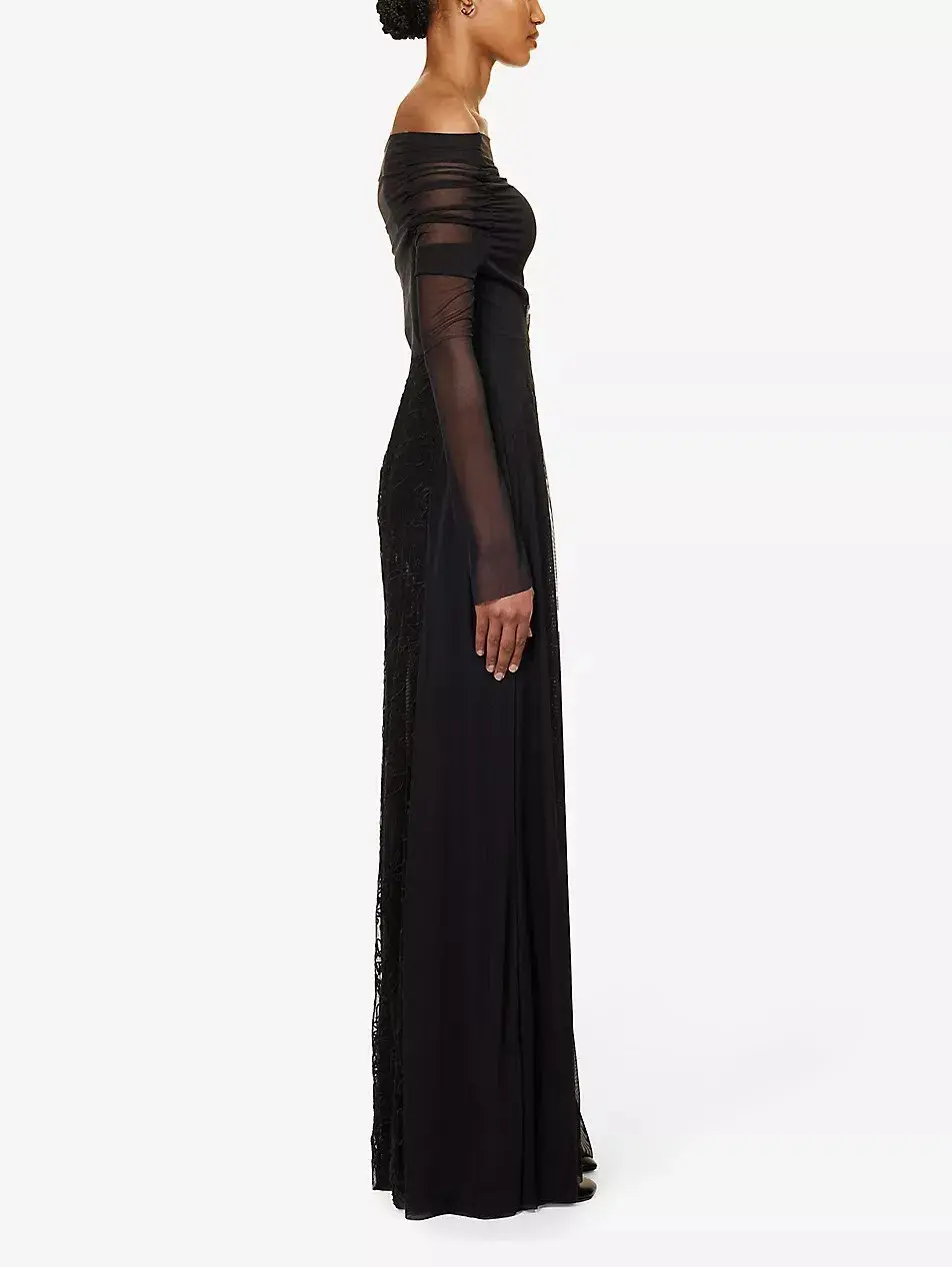 Camilla & Marc Nolana Semi Sheer Full Length Evening Dress Black Size 14 for rent on The Volte - main image