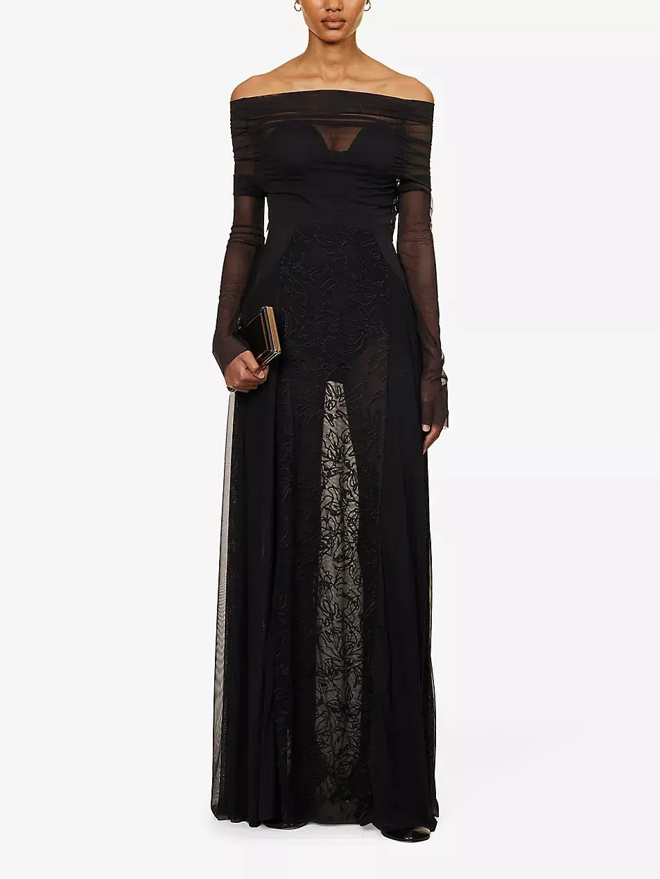 Camilla & Marc Nolana Semi Sheer Full Length Evening Dress Black Size 14 for rent on The Volte - main image