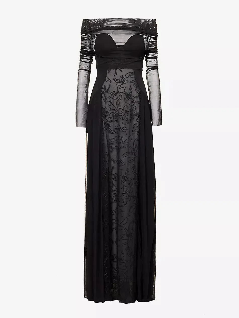 Camilla & Marc Nolana Semi Sheer Full Length Evening Dress Black Size 14 for rent on The Volte - main image