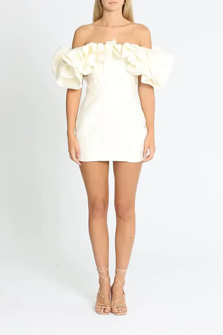 House of CB Selena Satin Ruffled Mini Dress in Ivory Size 10 for rent on The Volte - main image
