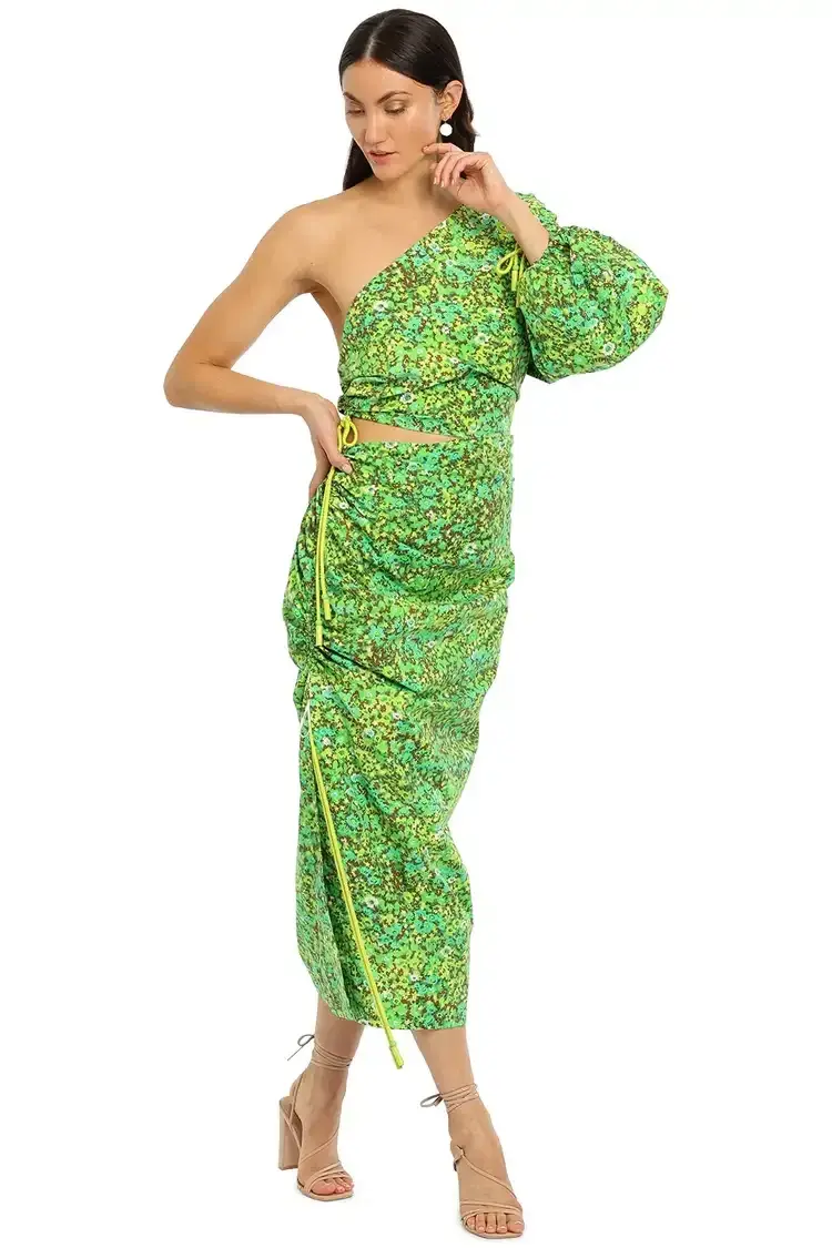 Alemais Phyllis Asymmetric Midi Dress in Green Floral Size 14 - Image 2