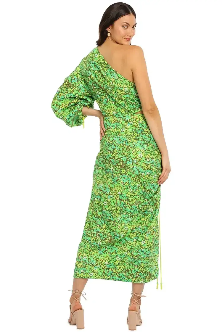 Alemais Phyllis Asymmetric Midi Dress in Green Floral Size 14 - Image 3