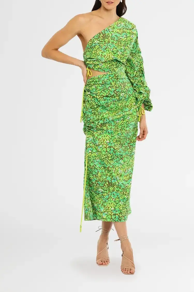 Alemais Phyllis Asymmetric Midi Dress in Green Floral Size 14 - Image 1