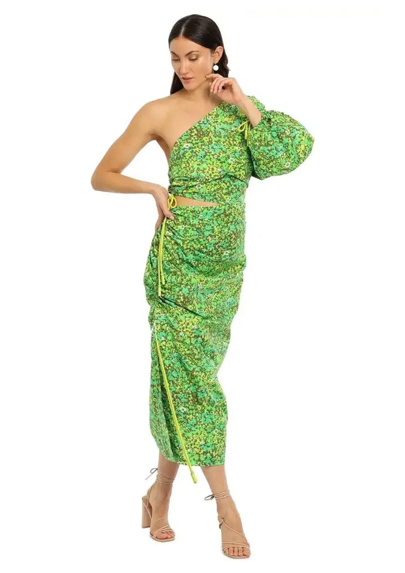 Alemais Phyllis Asymmetric Midi Dress in Green Floral Size 6 - Image 1