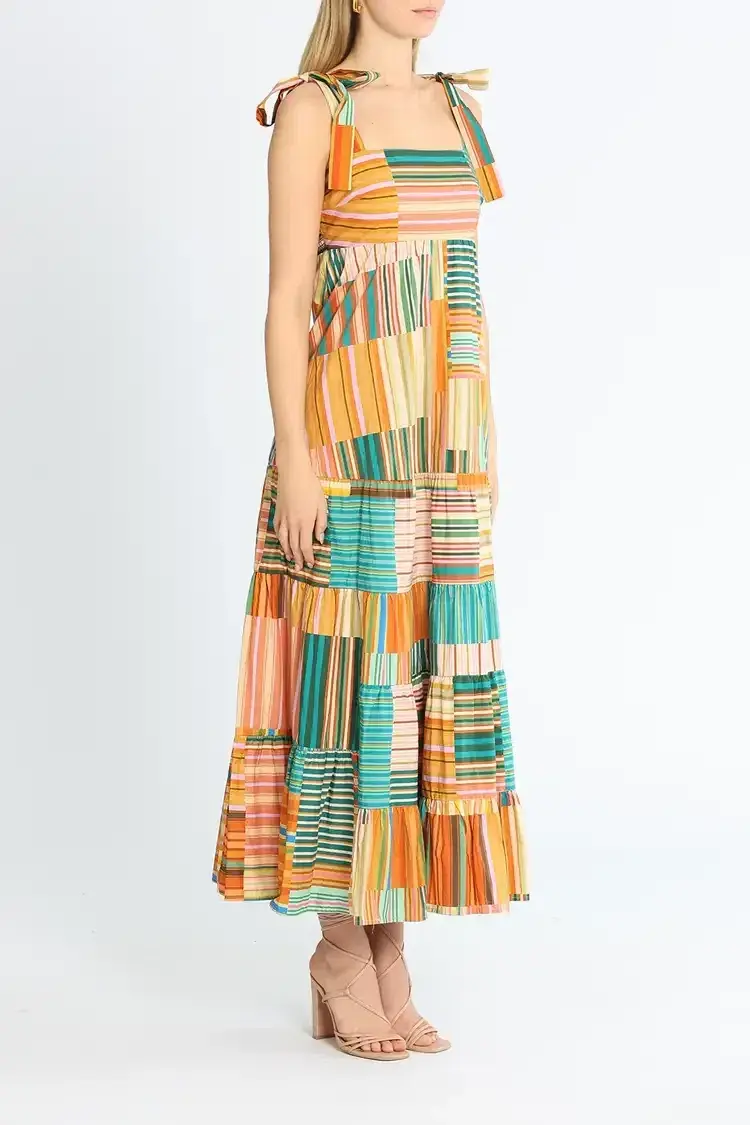 Alemais Sloane Tiered Midi Dress in Multi Stripe Size 10 - Image 1