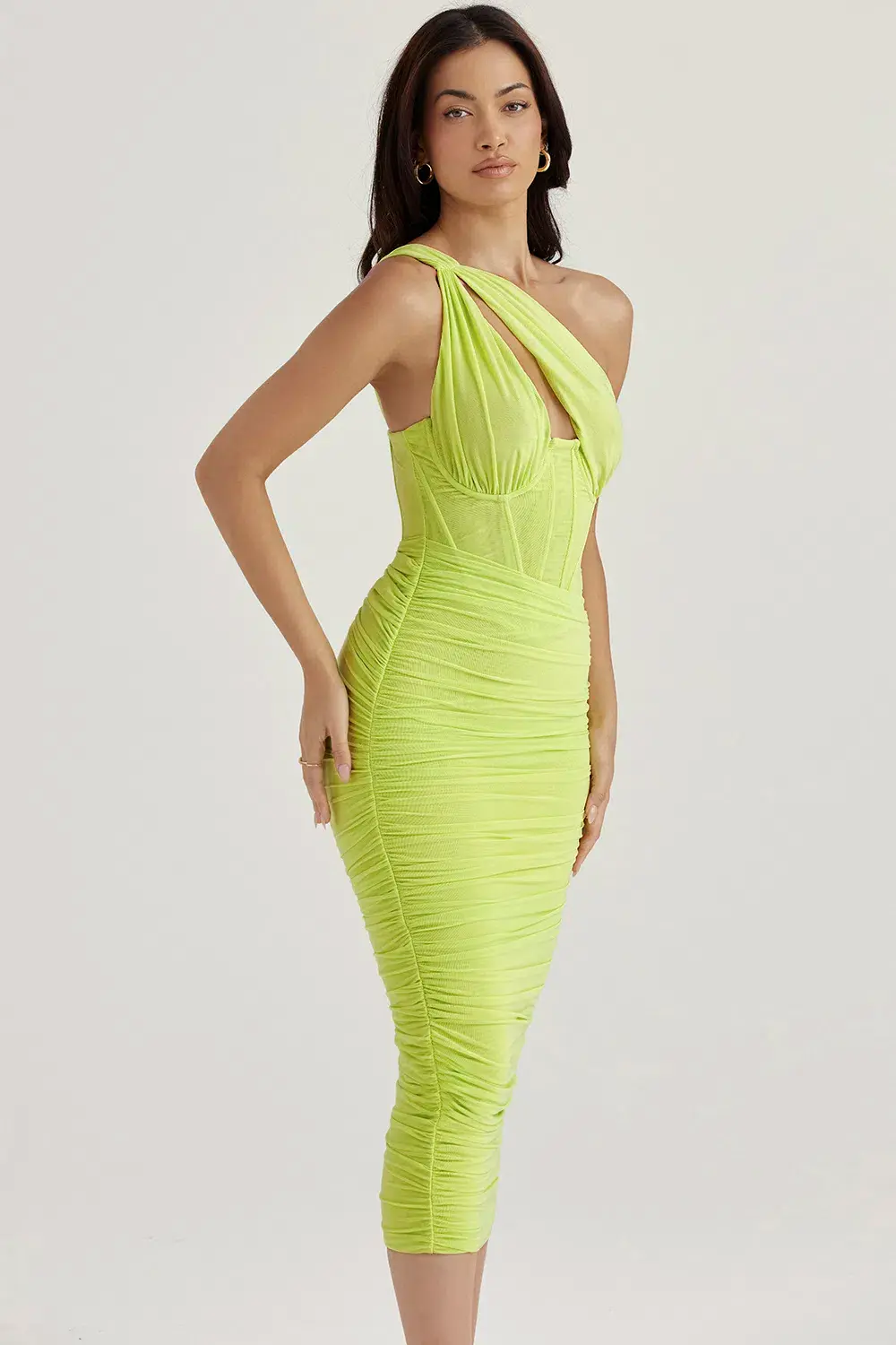 House of CB Lime Valentina Asymmetric Cut Out Midi Dress Green Size XS / AU 4 - Image 3