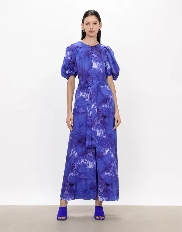 Veronika Maine Clouded Satin Midi Dress Blue Jewel Size AU 14 - Image 1