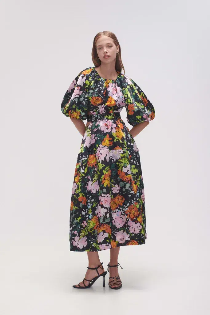 Aje Mimosa Cutout Midi Dress Puff Sleeves Midnight Floral Size AU 10  - Image 1