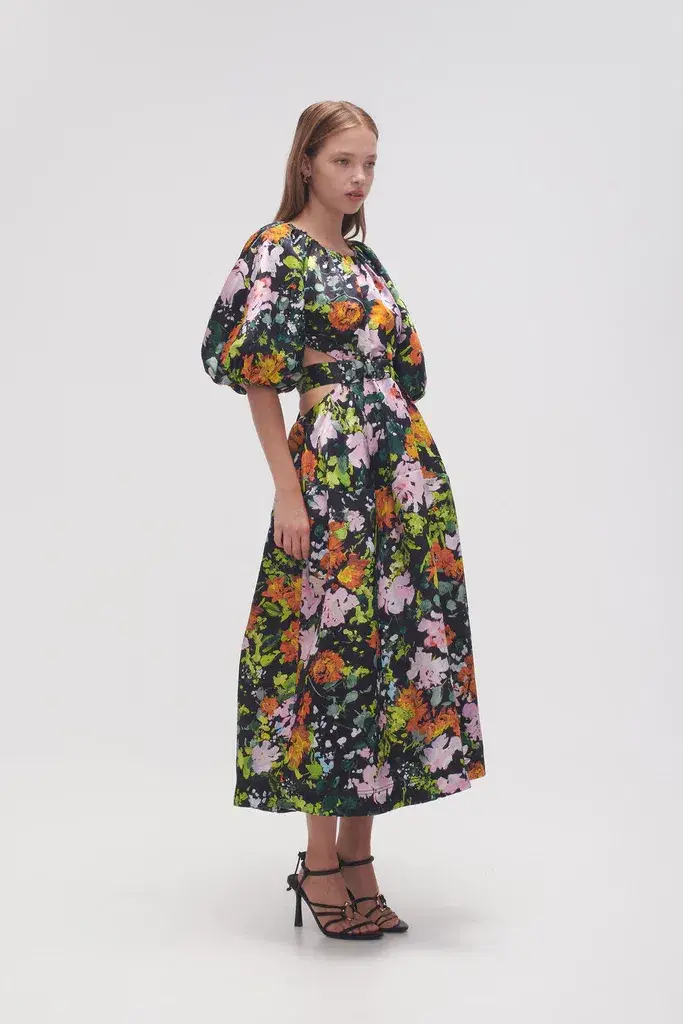 Aje Mimosa Cutout Midi Dress Puff Sleeves Midnight Floral Size AU 10  - Image 4