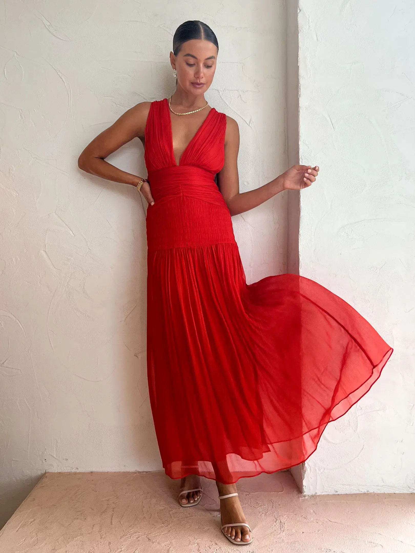 Shona Joy Leilani Midi Plunge Tie Back Dress Hibiscus Red Size 6 - Image 1