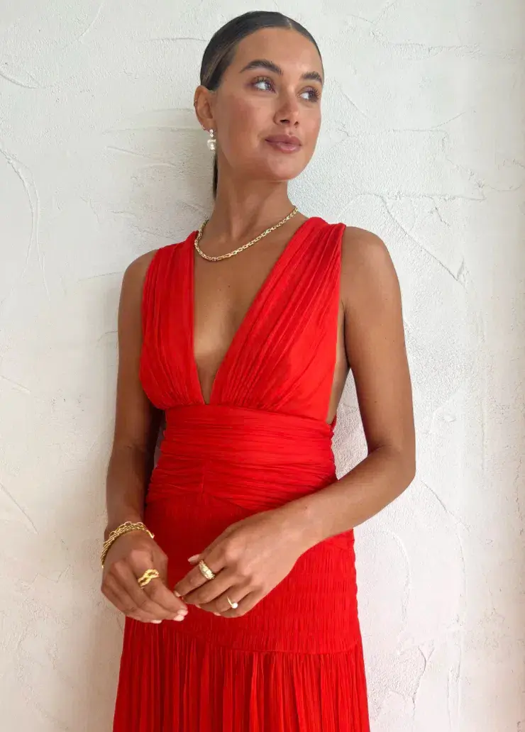Shona Joy Leilani Midi Plunge Tie Back Dress Hibiscus Red Size 6 - Image 2
