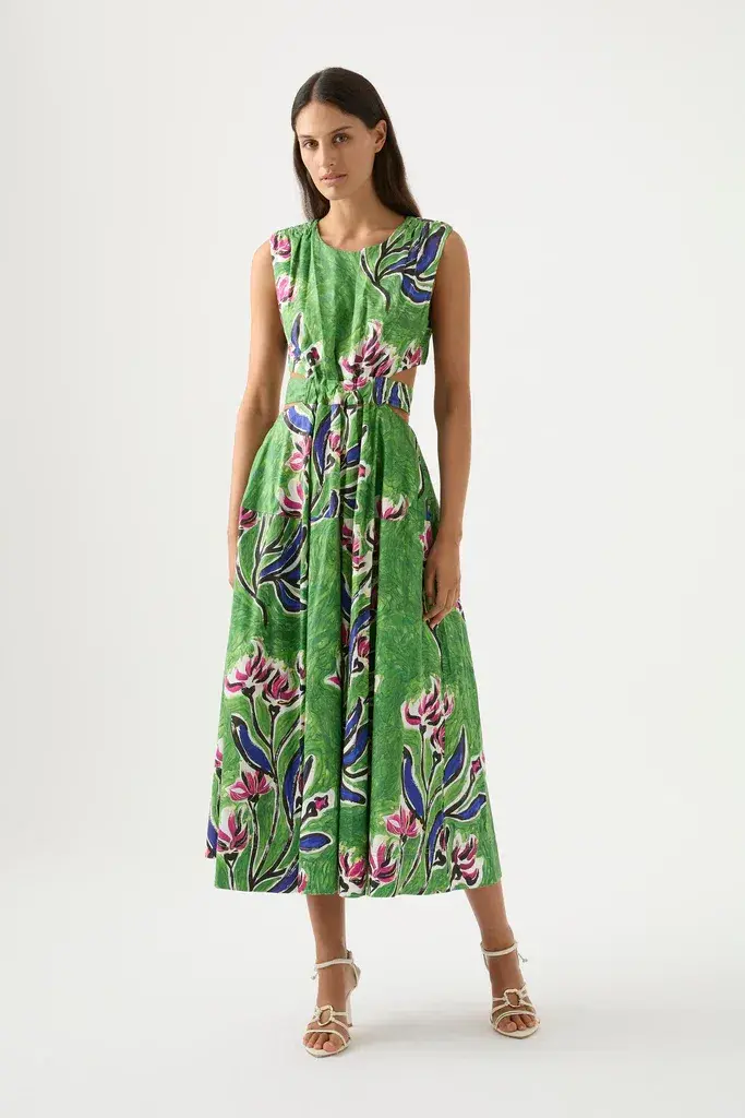 Aje Zorina Tie Midi Cutout Sleeveless Dress Native Gumnut Floral Size 10 - Image 1