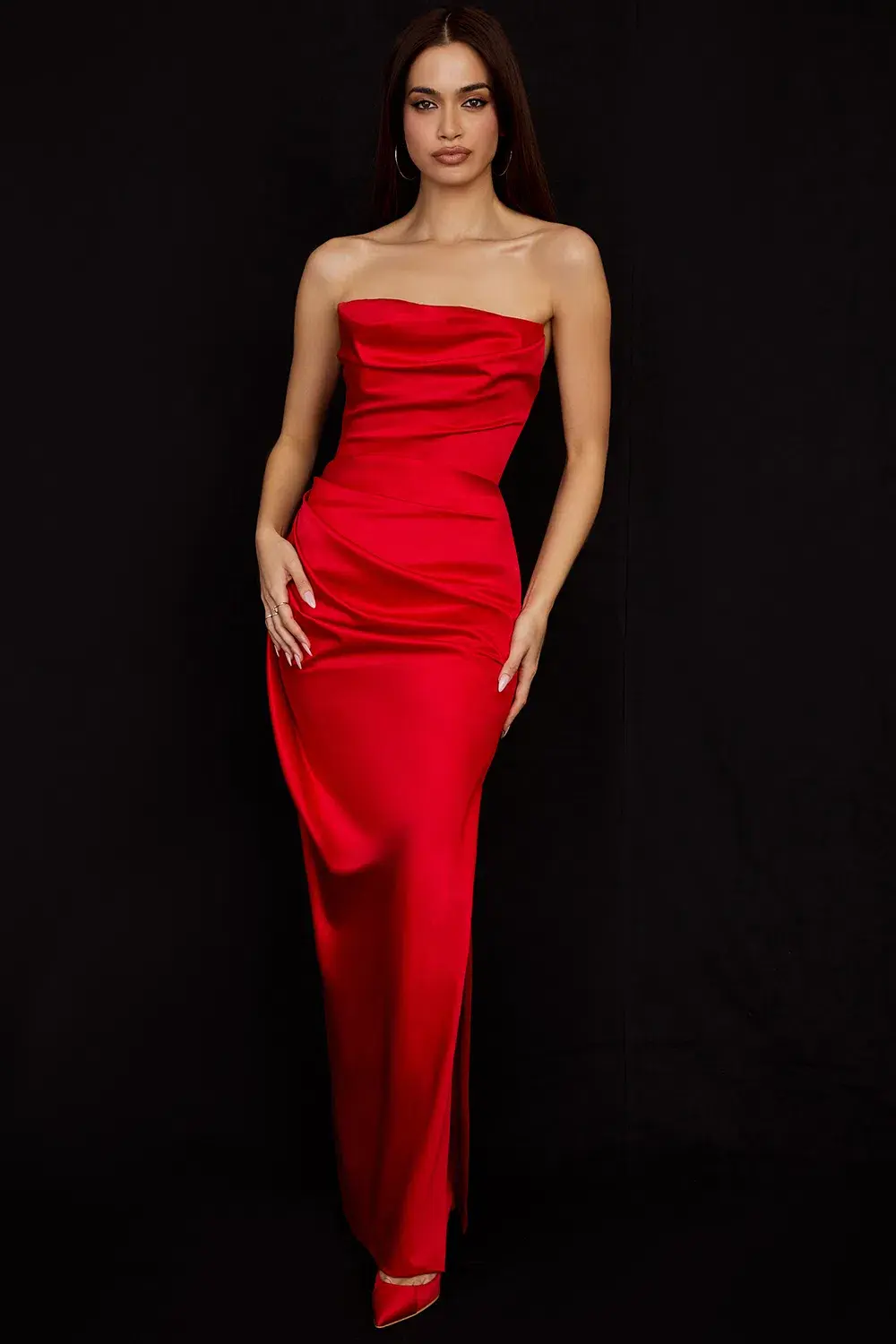 House Of CB Adrienne Scarlet Satin Strapless Gown Red Size L/12-14 - Image 1