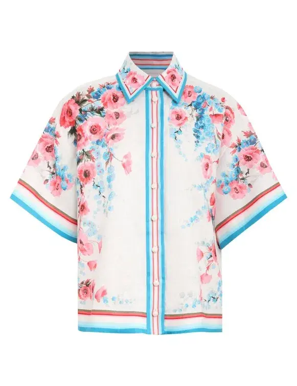 Zimmermann The Halcyon Oversized Shirt in Pink/Blue Floral Size 0/Au 8  - Image 3