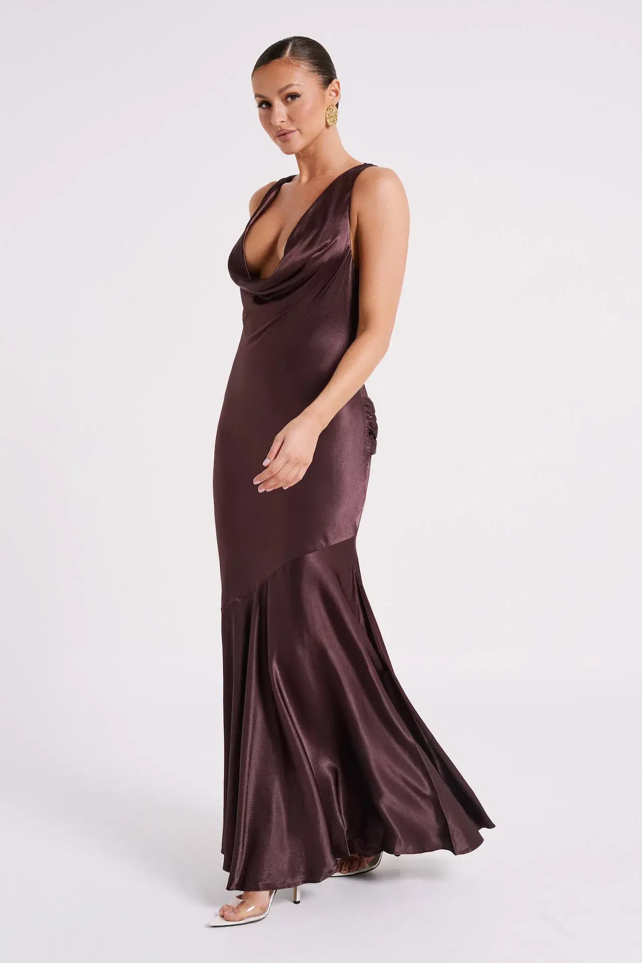 Meshki Ellison Satin Cowl Gown Dark Chocolate Size L / AU 12 - Image 1