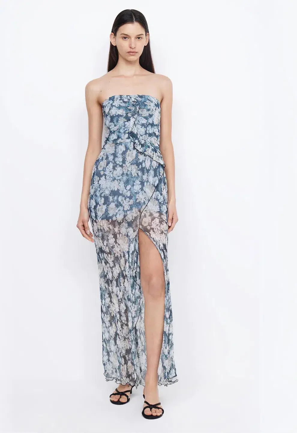 Bec & Bridge Opal Strapless Frill Ruffle Maxi Dress Denim Floral Size AU 8  - Image 1