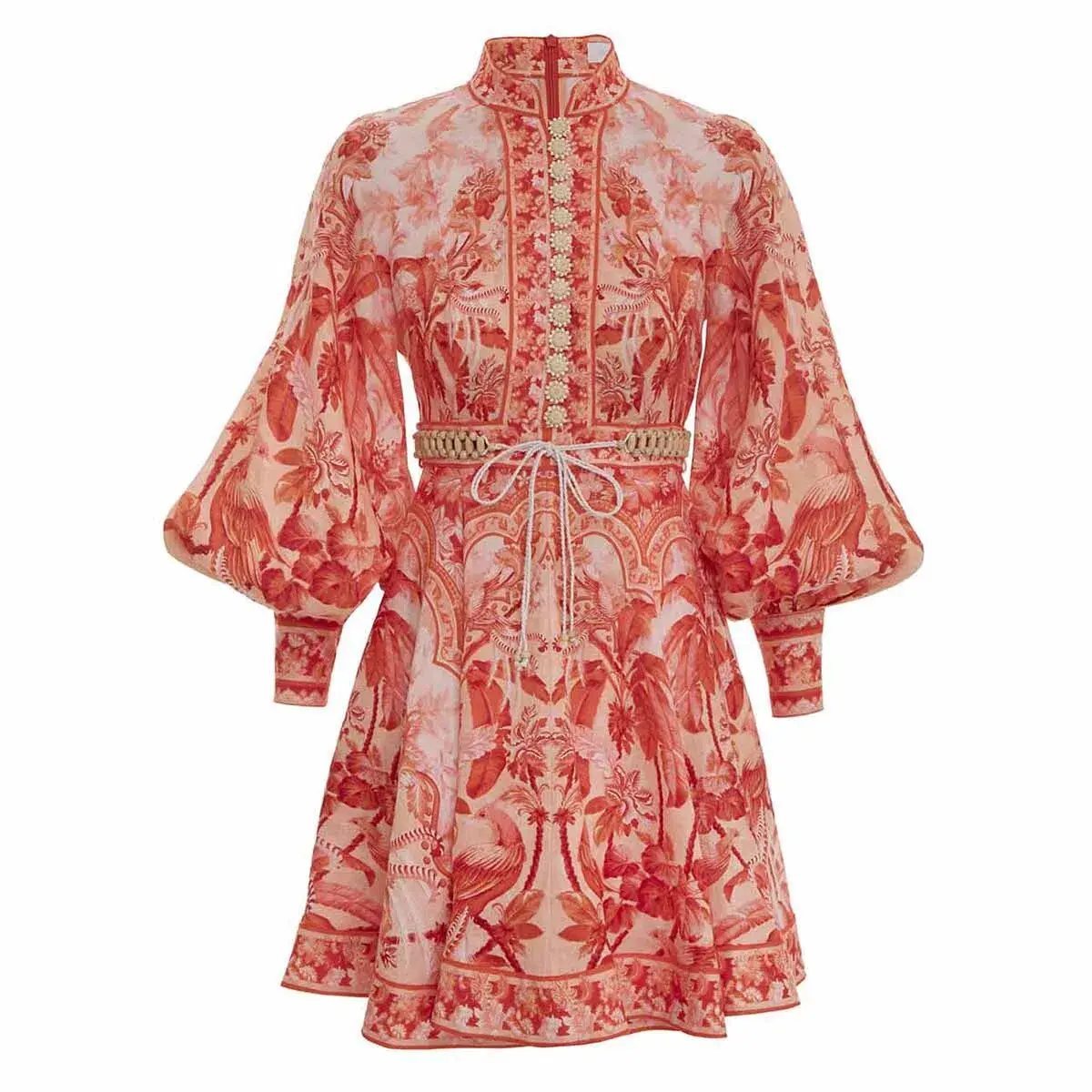 Zimmermann Lyre Billow Sleeve Mini Dress Red Palm Print Size 0/Au 8  - Image 4