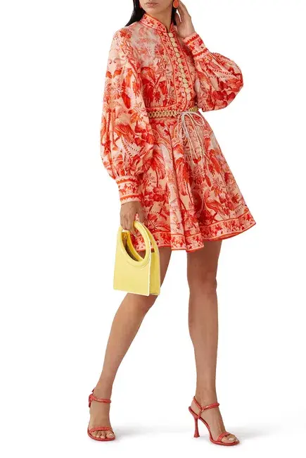 Zimmermann Lyre Billow Sleeve Mini Dress Red Palm Print Size 0/Au 8  - Image 2