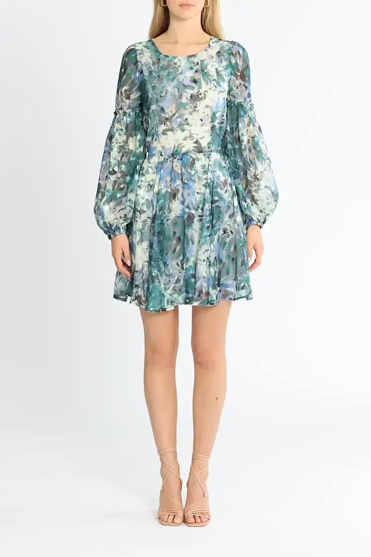 Sofia Irina Mini Balloon Sleeve Dress in Blue Print Size AU 10 - Image 1