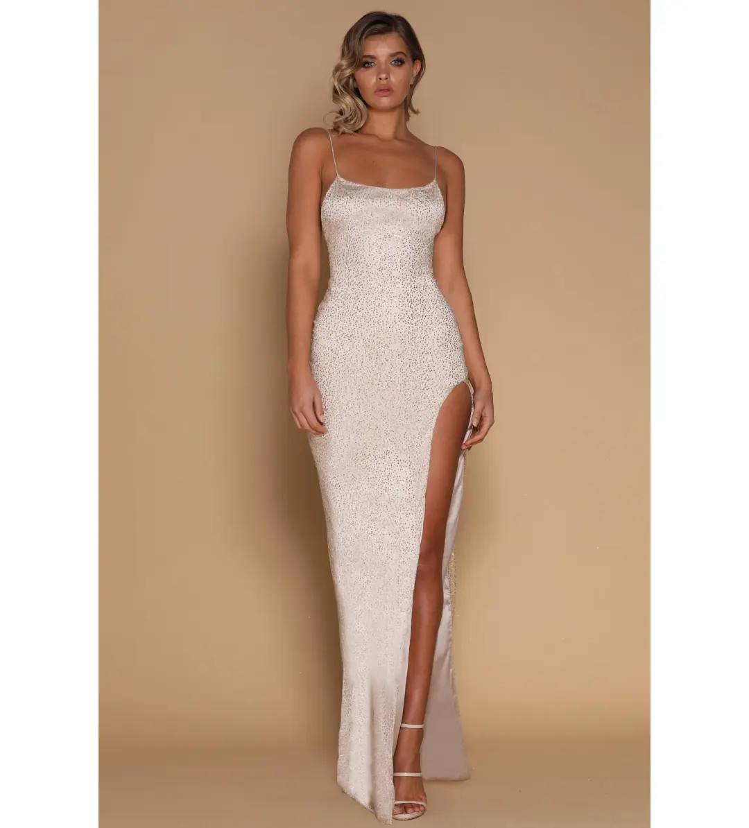 Meshki Boutique Stella Jewelled Maxi Dress Gold Size 6  for rent on The Volte - main image